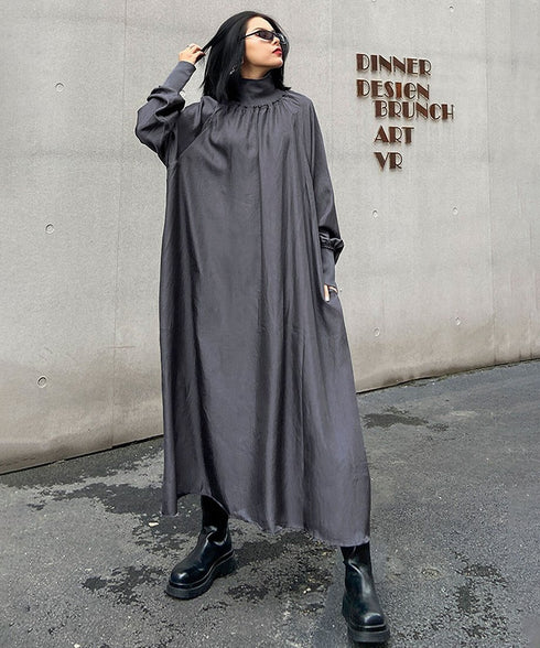 Glossy Gathered High Neck Dress
